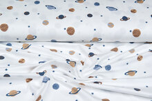 Katoenen Tricot bedrukt mini astro world ecru - metaalblauw