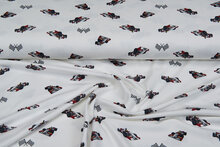 Katoenen Tricot bedrukt race cars off-white