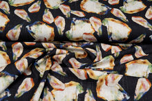 Viscose Linnen Digitaal bedrukt retro leaves donkerblauw