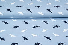 Katoenen Tricot bedrukt sharks blauw