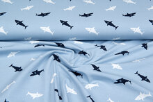 Katoenen Tricot bedrukt sharks blauw