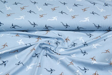 Katoenen Tricot bedrukt sharks baby blauw