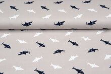 Katoenen Tricot bedrukt sharks zand-taupe