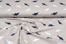 Katoenen Tricot bedrukt sharks zand-taupe