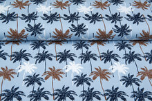 Katoenen Tricot bedrukt palm baby blauw