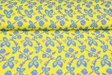 Katoenen Tricot bedrukt flowers geel-paars