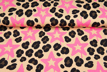 Katoenen Tricot bedrukt leopard with stars neon roze